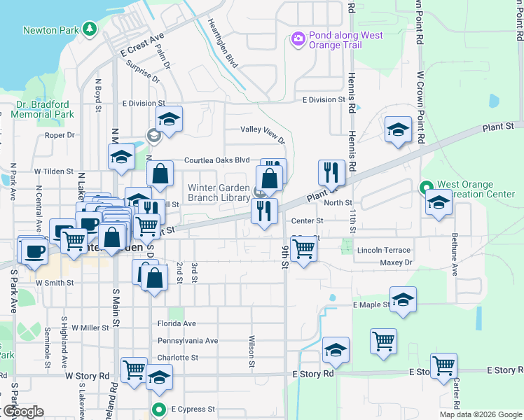 map of restaurants, bars, coffee shops, grocery stores, and more near 855 East Plant Street in Winter Garden