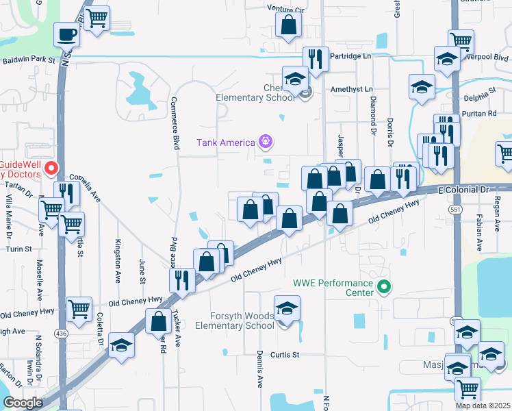 map of restaurants, bars, coffee shops, grocery stores, and more near 6659 E Colonial Dr in Orlando