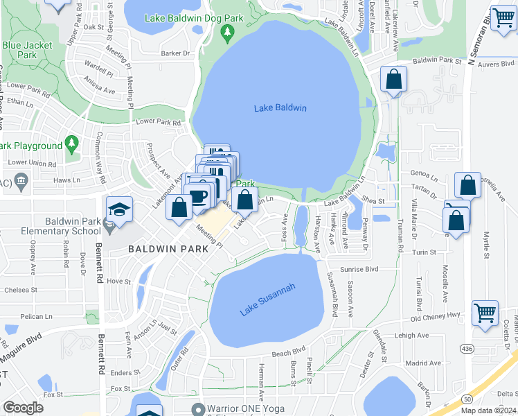 map of restaurants, bars, coffee shops, grocery stores, and more near 1649 Lake Baldwin Lane in Orlando
