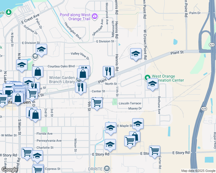 map of restaurants, bars, coffee shops, grocery stores, and more near 122 North Street in Winter Garden