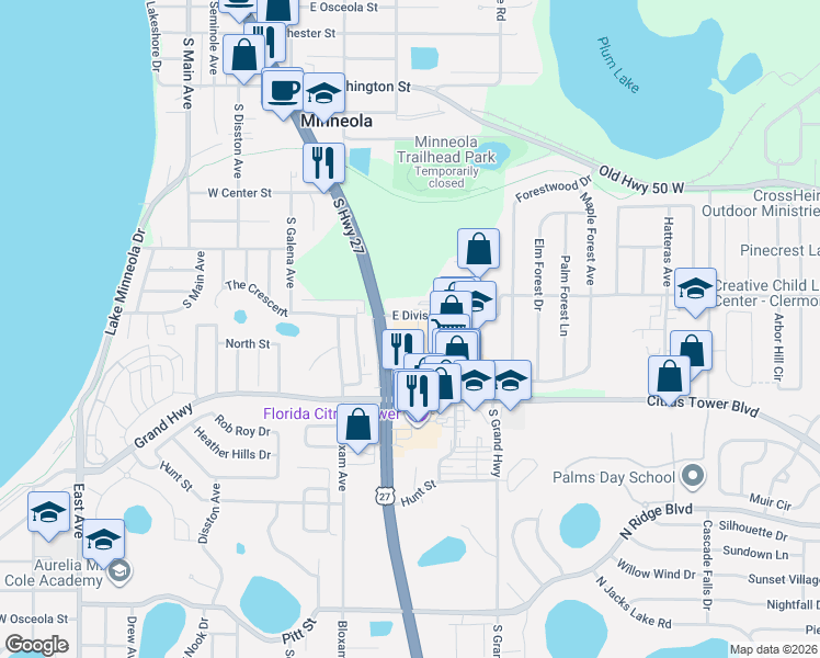 map of restaurants, bars, coffee shops, grocery stores, and more near 230 Citrus Tower Boulevard in Clermont
