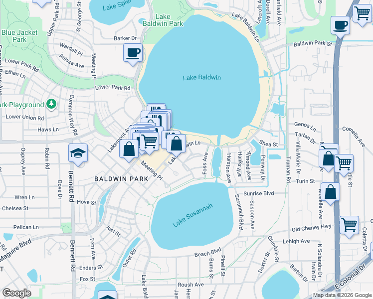 map of restaurants, bars, coffee shops, grocery stores, and more near 1649 Lake Baldwin Lane in Orlando