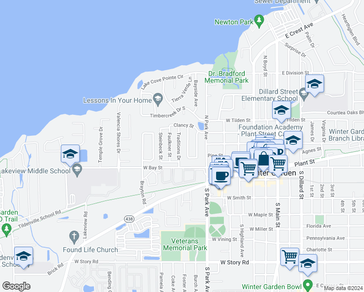 map of restaurants, bars, coffee shops, grocery stores, and more near 137 Traditions Drive in Winter Garden