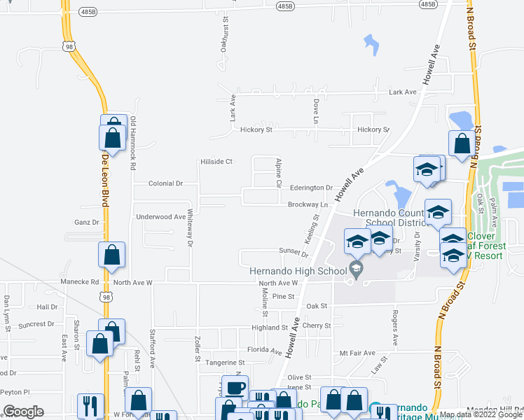map of restaurants, bars, coffee shops, grocery stores, and more near 215 Brockway Lane in Brooksville