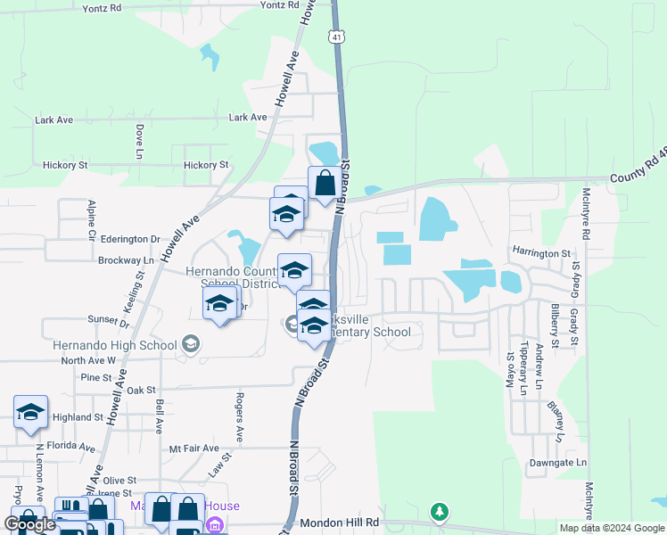 map of restaurants, bars, coffee shops, grocery stores, and more near 910 North Broad Street in Brooksville