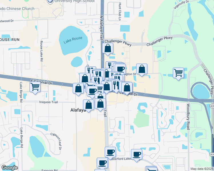 map of restaurants, bars, coffee shops, grocery stores, and more near 1725 North Alafaya Trail in Orlando