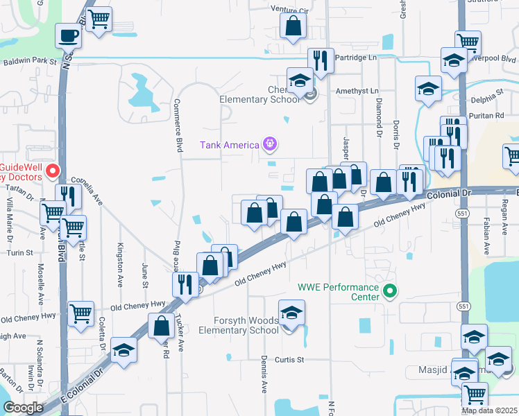 map of restaurants, bars, coffee shops, grocery stores, and more near 6659 E Colonial Dr in Orlando