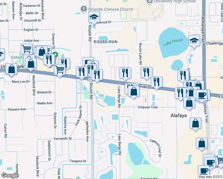 map of restaurants, bars, coffee shops, grocery stores, and more near 11100 East Colonial Drive in Orlando