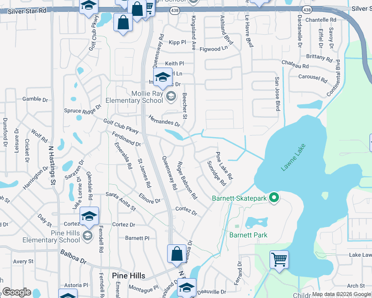 map of restaurants, bars, coffee shops, grocery stores, and more near 1629 Roger Babson Road in Orlando