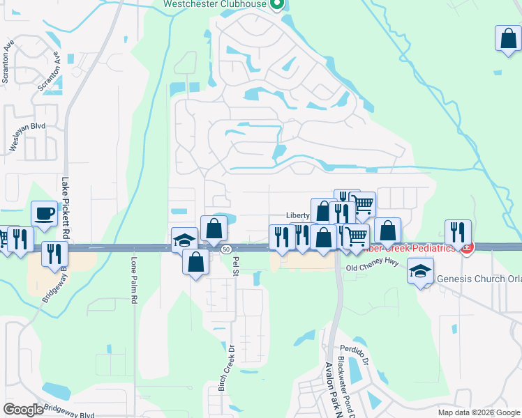 map of restaurants, bars, coffee shops, grocery stores, and more near 14429 Liberty Street in Orlando