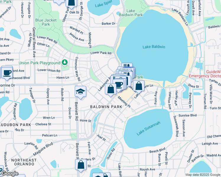 map of restaurants, bars, coffee shops, grocery stores, and more near 103 Meeting Place in Orlando