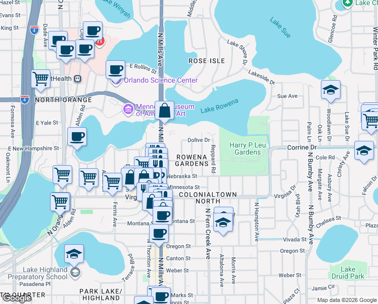 map of restaurants, bars, coffee shops, grocery stores, and more near 1717 Gay Drive in Orlando