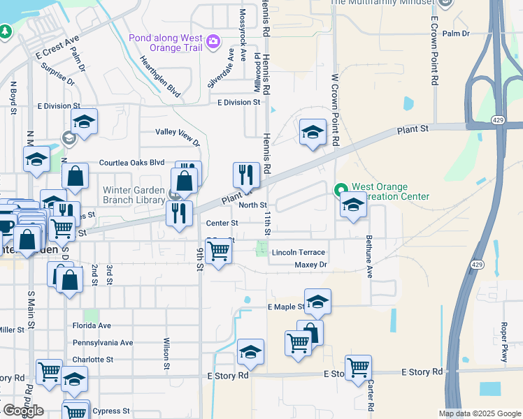 map of restaurants, bars, coffee shops, grocery stores, and more near 216 North Street in Winter Garden