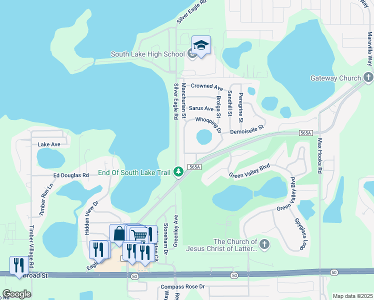 map of restaurants, bars, coffee shops, grocery stores, and more near 1580 Whooping Drive in Groveland