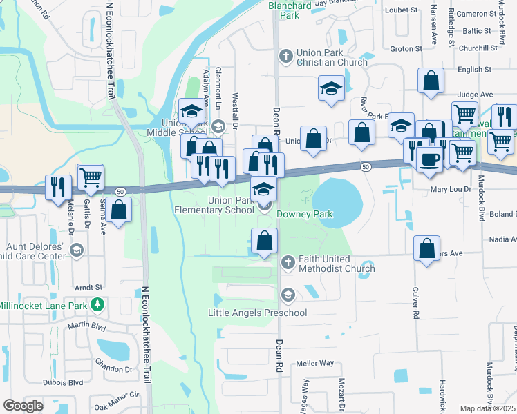 map of restaurants, bars, coffee shops, grocery stores, and more near 1600 North Dean Road in Orlando