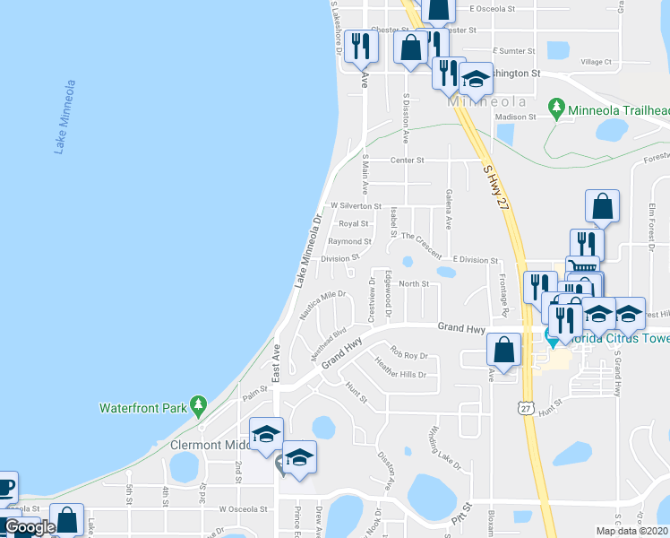 map of restaurants, bars, coffee shops, grocery stores, and more near 235 Division Street in Clermont
