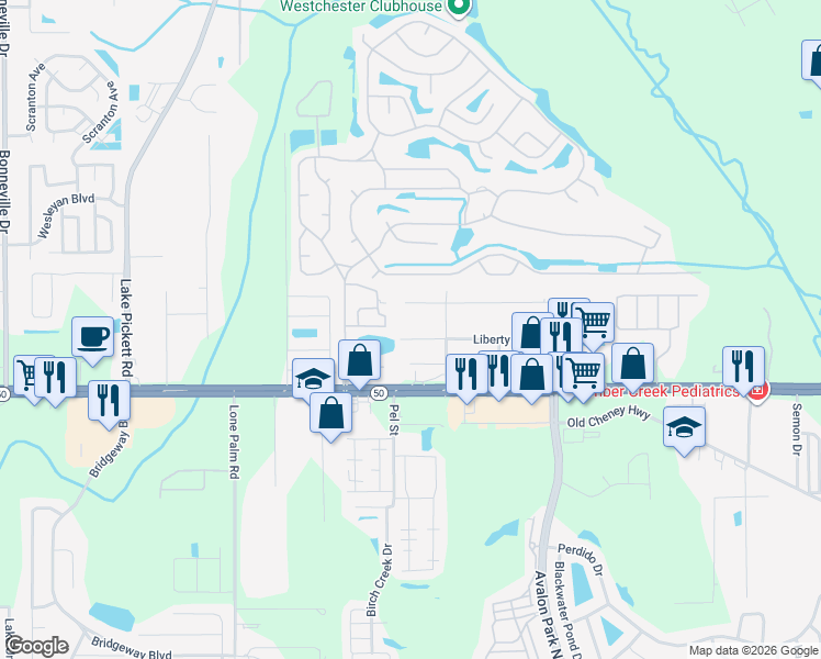 map of restaurants, bars, coffee shops, grocery stores, and more near 14429 Liberty Street in Orlando