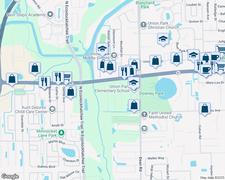 map of restaurants, bars, coffee shops, grocery stores, and more near 1710 Miami Road in Orlando