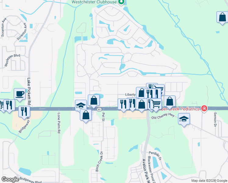 map of restaurants, bars, coffee shops, grocery stores, and more near 14429 Liberty Street in Orlando