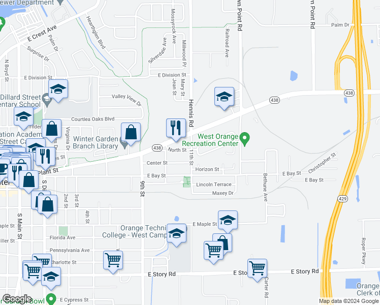 map of restaurants, bars, coffee shops, grocery stores, and more near 232 North Street in Winter Garden