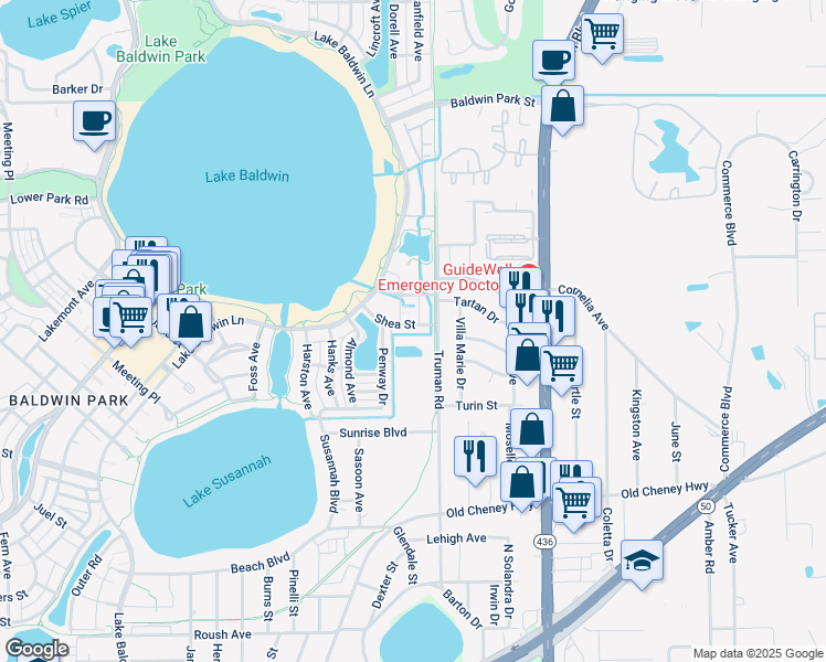 map of restaurants, bars, coffee shops, grocery stores, and more near 5350 Shea Street in Orlando
