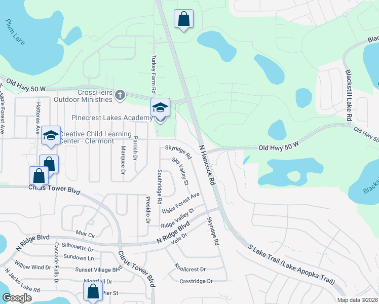 map of restaurants, bars, coffee shops, grocery stores, and more near 627 Skyridge Road in Clermont