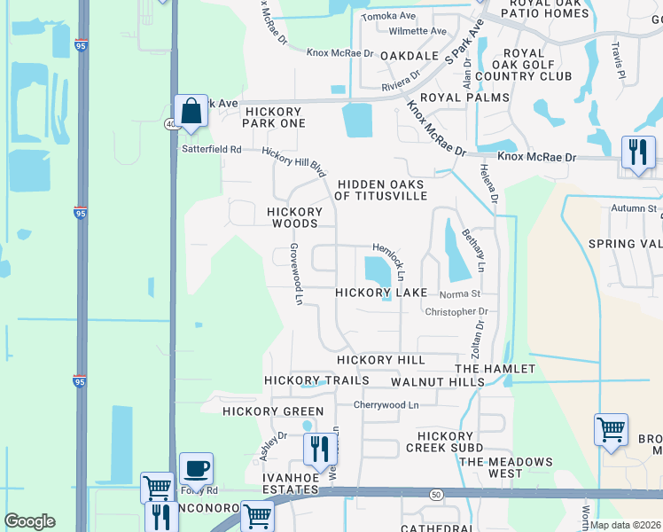 map of restaurants, bars, coffee shops, grocery stores, and more near 2925 Kelley Street in Titusville