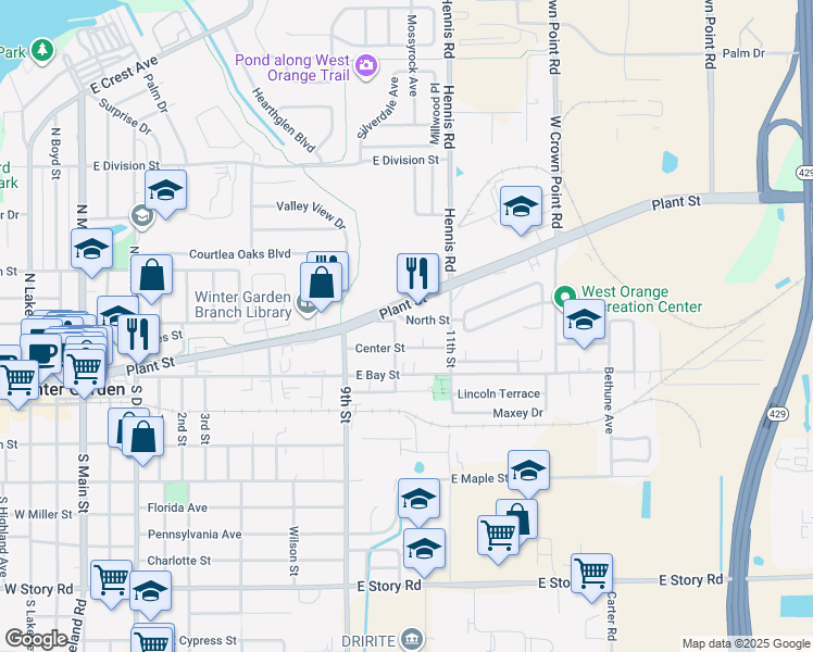 map of restaurants, bars, coffee shops, grocery stores, and more near 122 North Street in Winter Garden