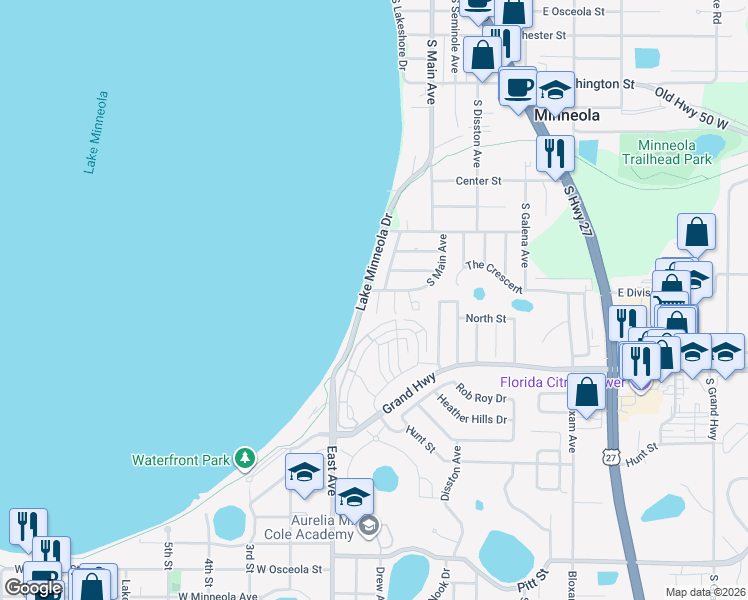 map of restaurants, bars, coffee shops, grocery stores, and more near 110 Division Street in Clermont