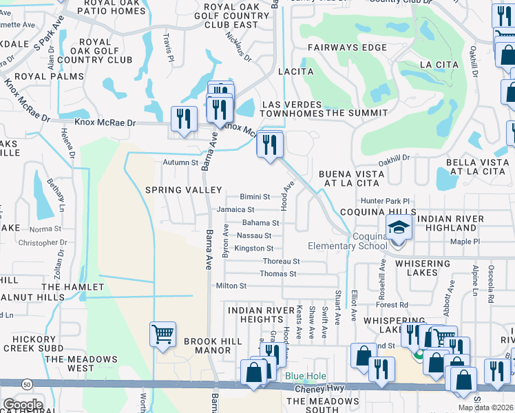map of restaurants, bars, coffee shops, grocery stores, and more near 1630 Jamaica St in Titusville
