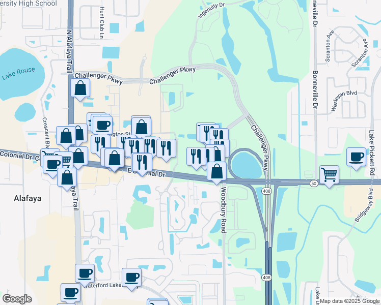 map of restaurants, bars, coffee shops, grocery stores, and more near 12221 East Colonial Drive in Orlando
