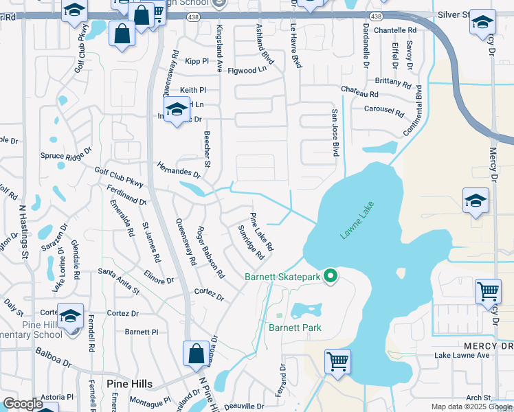 map of restaurants, bars, coffee shops, grocery stores, and more near 1613 Pine Lake Road in Orlando
