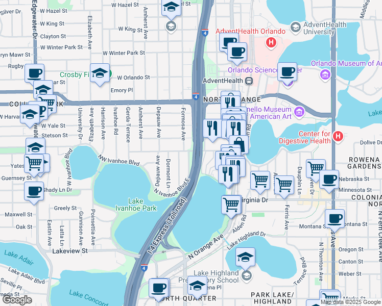 map of restaurants, bars, coffee shops, grocery stores, and more near 1749 North Shore Terrace in Orlando