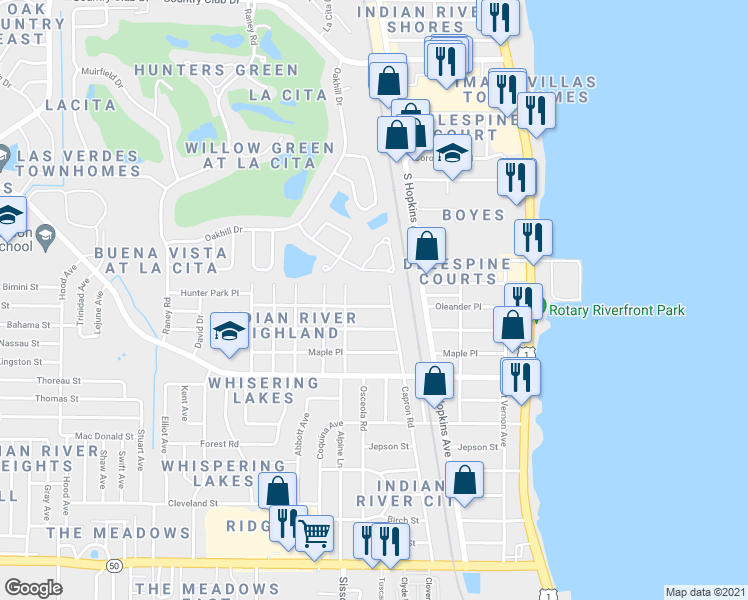 map of restaurants, bars, coffee shops, grocery stores, and more near 370 Oleander Place in Titusville
