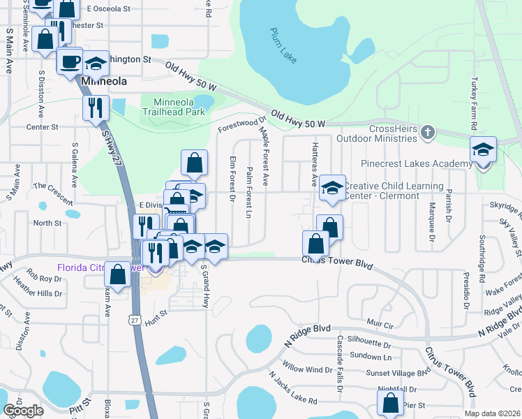 map of restaurants, bars, coffee shops, grocery stores, and more near 969 Forest Hill Drive in Minneola