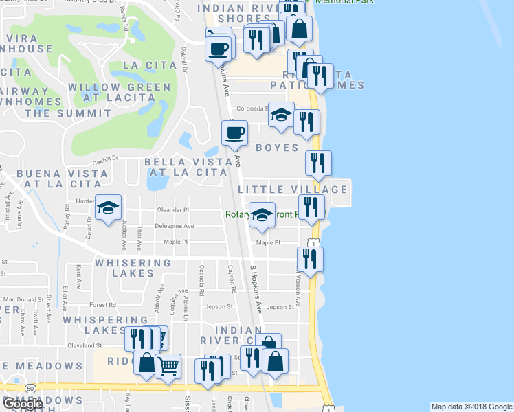 map of restaurants, bars, coffee shops, grocery stores, and more near 312 Oleander Place in Titusville