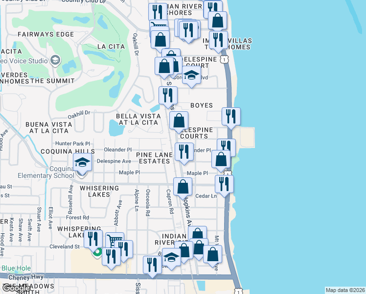 map of restaurants, bars, coffee shops, grocery stores, and more near 316 Oleander Place in Titusville