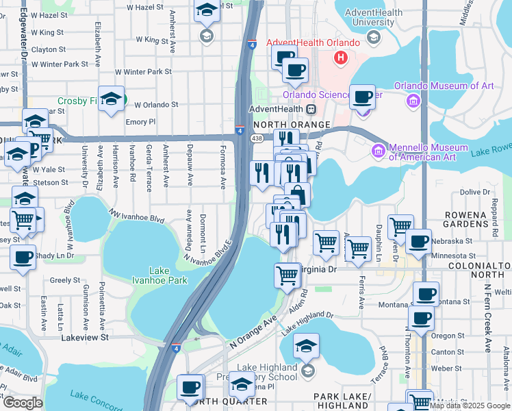 map of restaurants, bars, coffee shops, grocery stores, and more near 208 East New Hampshire Street in Orlando