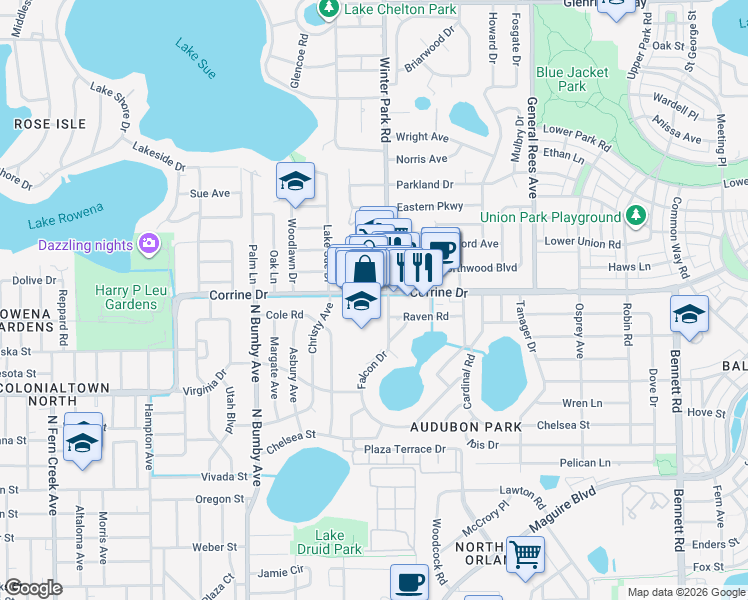 map of restaurants, bars, coffee shops, grocery stores, and more near 2914 Corrine Drive in Orlando