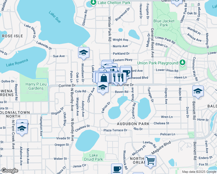 map of restaurants, bars, coffee shops, grocery stores, and more near 2924 Corrine Drive in Orlando