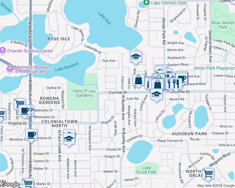map of restaurants, bars, coffee shops, grocery stores, and more near 2326 Corrine Drive in Orlando