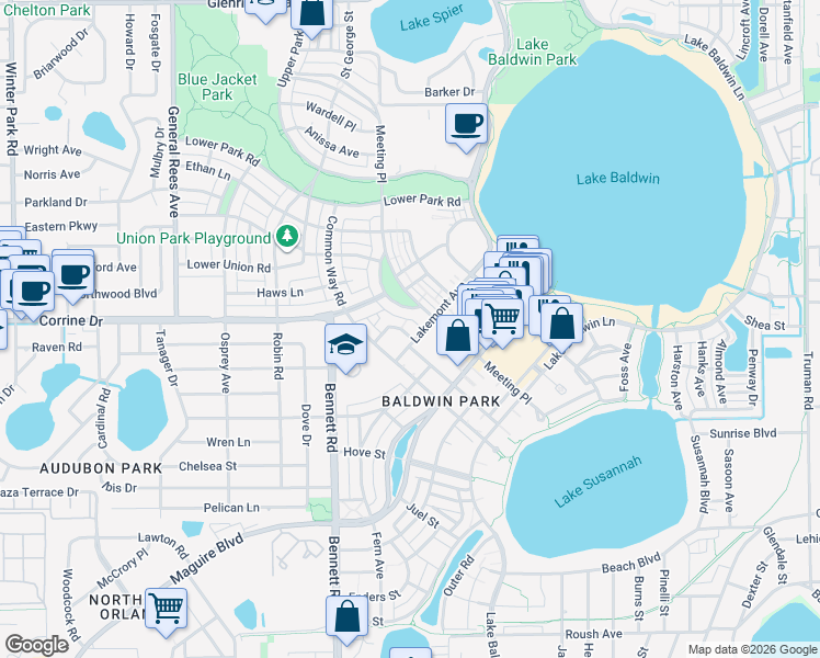 map of restaurants, bars, coffee shops, grocery stores, and more near 1655 Lakemont Avenue in Orlando