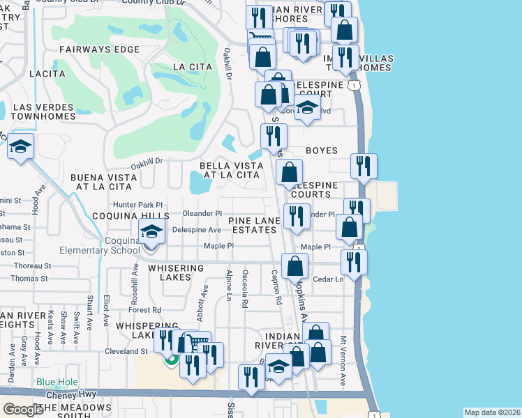map of restaurants, bars, coffee shops, grocery stores, and more near 370 Oleander Place in Titusville