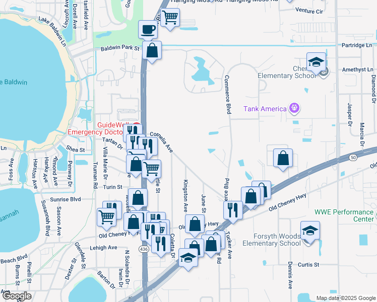 map of restaurants, bars, coffee shops, grocery stores, and more near 5905 Cornelia Avenue in Orlando