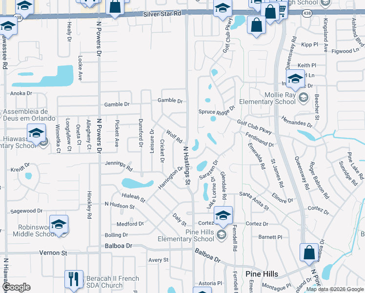 map of restaurants, bars, coffee shops, grocery stores, and more near 1920 North Hastings Street in Orlando