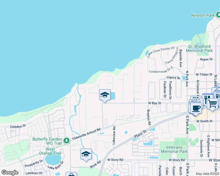 map of restaurants, bars, coffee shops, grocery stores, and more near 216 Harbor Drive in Winter Garden