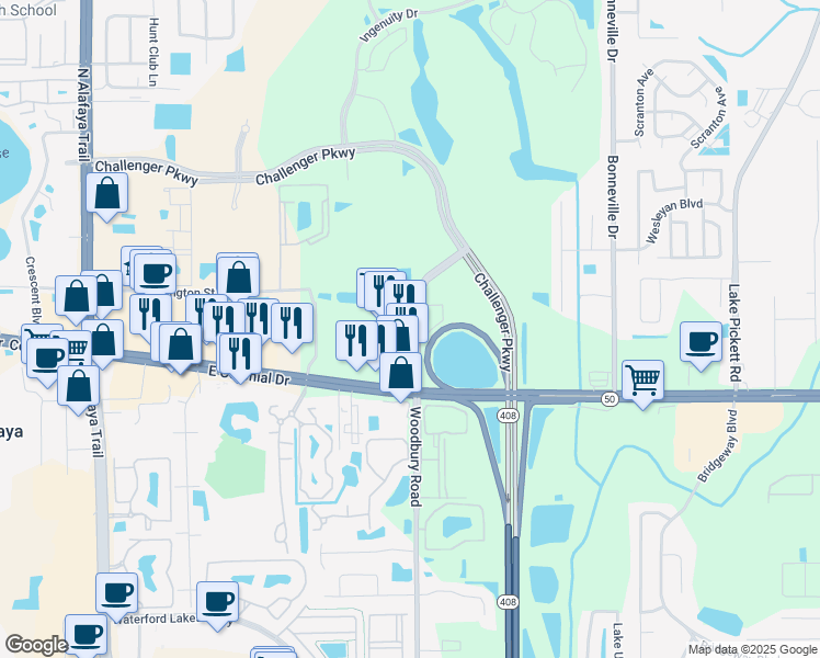 map of restaurants, bars, coffee shops, grocery stores, and more near 230 Woodbury Road in Orlando