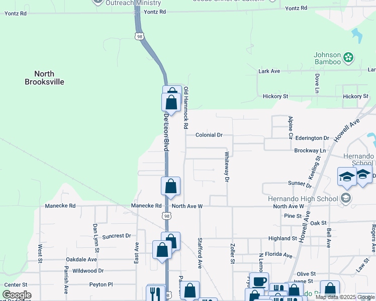 map of restaurants, bars, coffee shops, grocery stores, and more near 1061 Whiteway Drive in Brooksville
