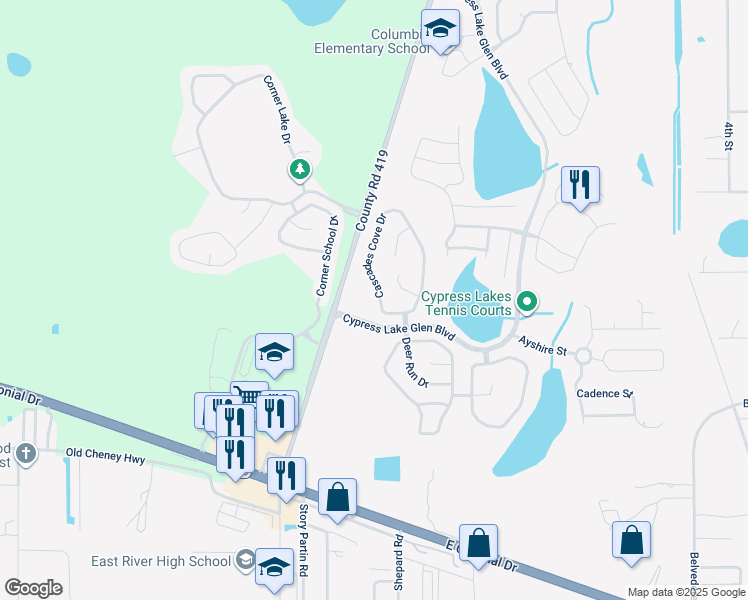 map of restaurants, bars, coffee shops, grocery stores, and more near 1936 Cascades Cove Drive in Orlando