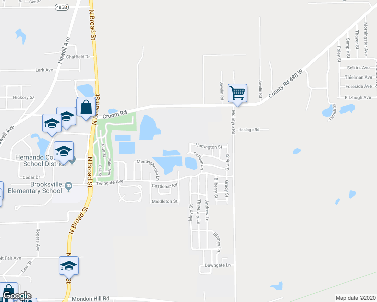map of restaurants, bars, coffee shops, grocery stores, and more near 4036 Colleen Lane in Brooksville
